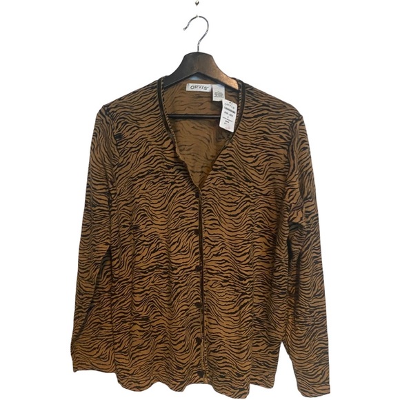 Orvis Size L Sweater Cardigan Wool Blend Velvet Trim Brown Animal Print - Picture 1 of 4